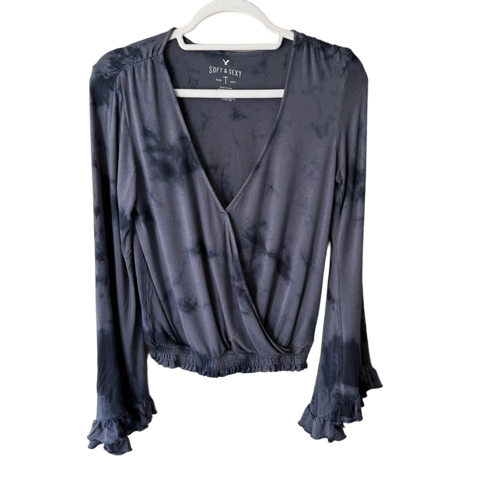 American Eagle Outfitters Gray Ruffled Wrap Blouse Long Sleeve Women’s XS